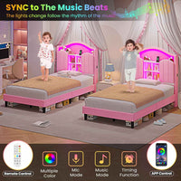 Twin Size LED Bed Frame with Charging Station and Storage Headboard Pink