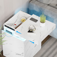Sikaic Nightstand with Sliding Top Charging Station and LED Lights White Marble