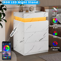 Sikaic Nightstand with Sliding Top Charging Station and LED Lights White Marble