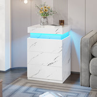 Sikaic Nightstand with Sliding Top Charging Station and LED Lights White Marble