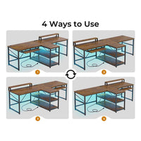 Sikaic 94.5" T Shaped 2 Person Modern Gaming Desk with Storage LED Lights Keyboard Tray Rustic Brown