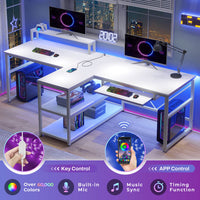 Sikaic 94.5" T Shaped 2 Person Modern LED Lights Gaming Desk with Storage White