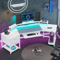 Sikaic 79" L Shaped Carbon Fiber Gaming Desk with 2 Fabric Drawers LED Light Storage Shelf White