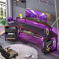 Sikaic 79" L Shaped LED Gaming Desk with 2 Fabric Drawers Storage Shelf Black&Red