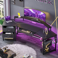 Sikaic 79" L Shaped LED Gaming Desk with 2 Fabric Drawers Storage Shelf Black