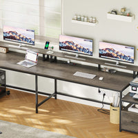 Sikaic 66" L Shaped Corner Two Person Gaming Desk with File Drawer Power Outlet Led Lights Monitor Shelf