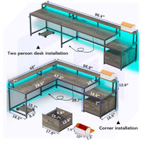 Sikaic 66" L Shaped Corner Two Person Gaming Desk with File Drawer Power Outlet Led Lights Monitor Shelf