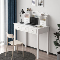 Sikaic Solid Pine Wood Legs Writing Desk with USB Port Hutch 7 Drawers White