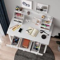 Sikaic Solid Pine Wood Legs Writing Desk with USB Port Hutch 7 Drawers White