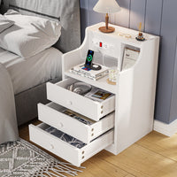 Sikaic Nightstand with Charging Station Hutch & Storage Drawers White