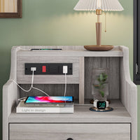 Sikaic Nightstand with Charging Station Hutch & Storage Drawers Grey