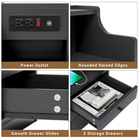 Sikaic Nightstand with Charging Station Hutch & Storage Drawers Black