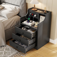 Sikaic Nightstand with Charging Station Hutch & Storage Drawers Black