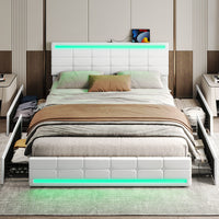 Sikaic PU Leather Platform Bed Frame with 4 Storage Drawers LED Lights Adjustable Headboard White