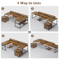 Sikaic Computer Desk 101.5 Inches U Shaped Reversible L Shaped Computer Desk with File Drawer Power Outlet Keyboard Tray Rustic Brown
