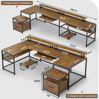 Sikaic Computer Desk 101.5 Inches U Shaped Reversible L Shaped Computer Desk with File Drawer Power Outlet Keyboard Tray Rustic Brown