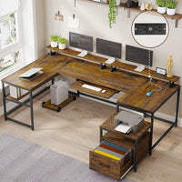 Sikaic Computer Desk 101.5 Inches U Shaped Reversible L Shaped Computer Desk with File Drawer Power Outlet Keyboard Tray Rustic Brown