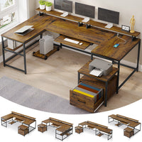 Sikaic Computer Desk 101.5 Inches U Shaped Reversible L Shaped Computer Desk with File Drawer Power Outlet Keyboard Tray Rustic Brown