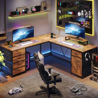 Sikaic Computer Desk 63 Inches L Shaped Corner Computer Desk with 5 Drawer Power Outlet Monitor Shelf Storage Cabinet Brown