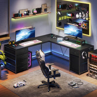 Sikaic Computer Desk 63 Inches L Shaped Corner Computer Desk with 5 Drawer Power Outlet Monitor Shelf Storage Cabinet Black