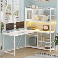 Sikaic Gaming Desk 58 Inches L Shape Corner Gaming Desk with LED Light Bookshelf White