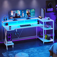Sikaic Gaming Desk 70.8 Inches Large PC Gamer Gaming Desk with LED Lights Storage Shelves Monitor Stand Power Outlets and Cup Holder White