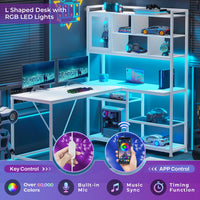 Sikaic Gaming Desk 58 Inches L Shape Corner Gaming Desk with LED Light Bookshelf White