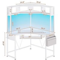 Sikaic Computer Desk Triangle Corner Small LED Computer Desk with Hutch Keyboard Tray Storage Bag and Headphone Hook White