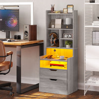 Sikaic Nightstand LED Nightstand with Bookshelf Charging Station Grey