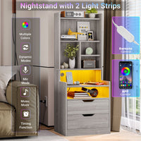 Sikaic Nightstand LED Nightstand with Bookshelf Charging Station Grey