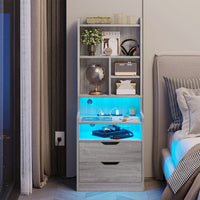 Sikaic Nightstand LED Nightstand with Bookshelf Charging Station Grey