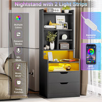 Sikaic Nightstand LED Nightstand with Bookshelf Charging Station Black