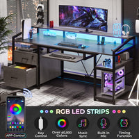 Sikaic Gaming Desk 63 Inches  Gaming Desk with LED Light Drawers Grey