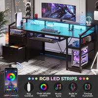 Sikaic Gaming Desk 63 Inches Gaming Desk with LED Light Drawers Black