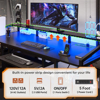 Sikaic Gaming Desk 63 Inches Gaming Desk with LED Light Drawers Black