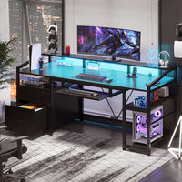 Sikaic Gaming Desk 63 Inches Gaming Desk with LED Light Drawers Black