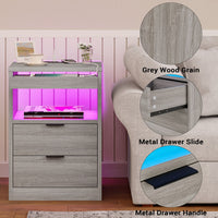 Sikaic Nightstand Nightstand with Pull-Out Shelf Wireless Charging Station and LED Lights Grey