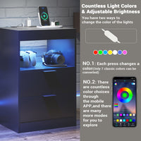 Sikaic Nightstand Nightstand with Pull-Out Shelf Wireless Charging Station and LED Lights Black