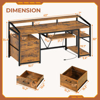 Sikaic Gaming Desk 63 Inches Gaming Desk with LED Light Drawers Rustic Brown