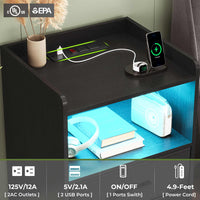 Sikaic Nightstands 2PCS LED Nightstands with Charging Station and Storage Drawers Black