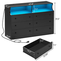 Sikaic Dressers 6 Drawers LED Dresser with Outlets Open Space Black