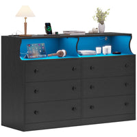 Sikaic Dressers 6 Drawers LED Dresser with Outlets Open Space Black