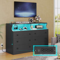 Sikaic Dressers 6 Drawers LED Dresser with Outlets Open Space Black