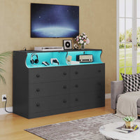 Sikaic Dressers 6 Drawers LED Dresser with Outlets Open Space Black