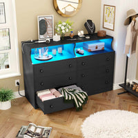 Sikaic Dressers 6 Drawers LED Dresser with Outlets Open Space Black