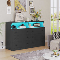 Sikaic Dressers 6 Drawers LED Dresser with Outlets Open Space Black