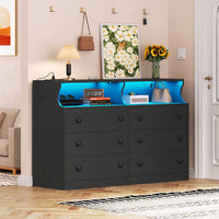 Sikaic Dressers 6 Drawers LED Dresser with Outlets Open Space Black