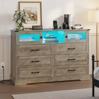 Sikaic Dressers 6 Drawers LED Dresser with Outlets Rustic Oak