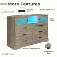 Sikaic Dressers 6 Drawers LED Dresser with Outlets Rustic Oak
