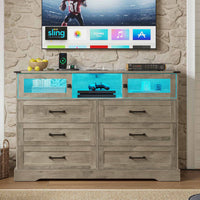 Sikaic Dressers 6 Drawers LED Dresser with Outlets Rustic Oak
